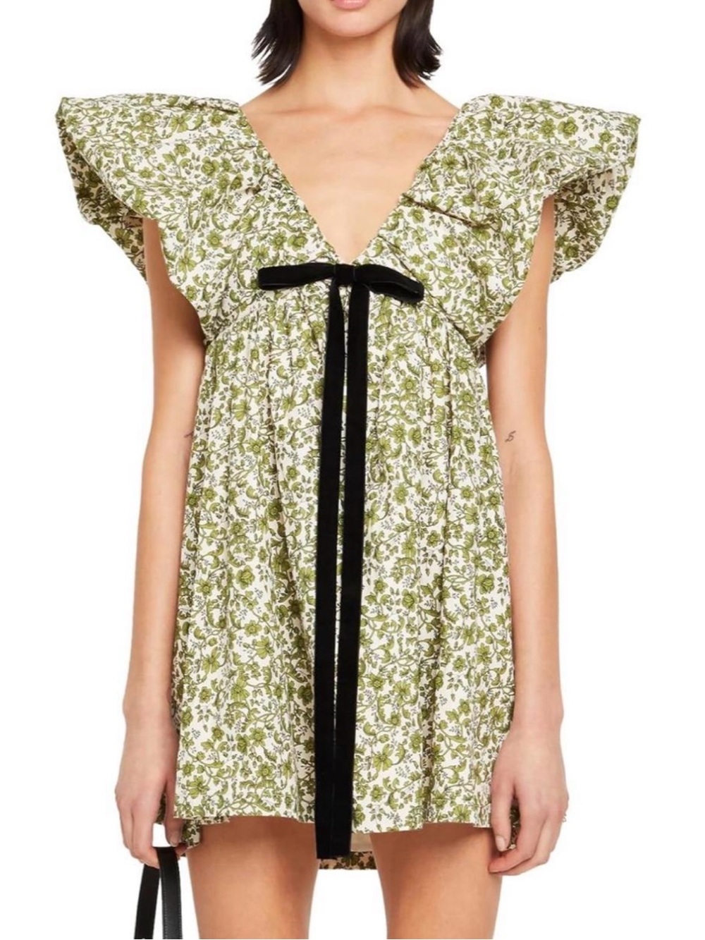 Mini Dress with Green Floral Print and Black Velvet Tie